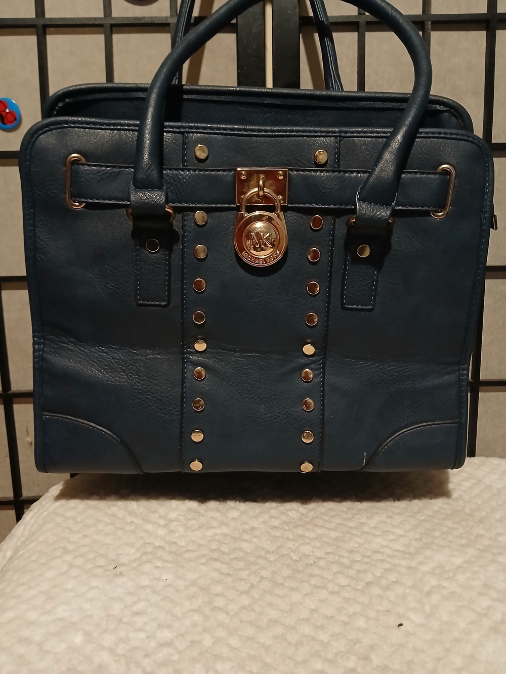 Michael Kors Navy Leather Satchel with Gold Accents